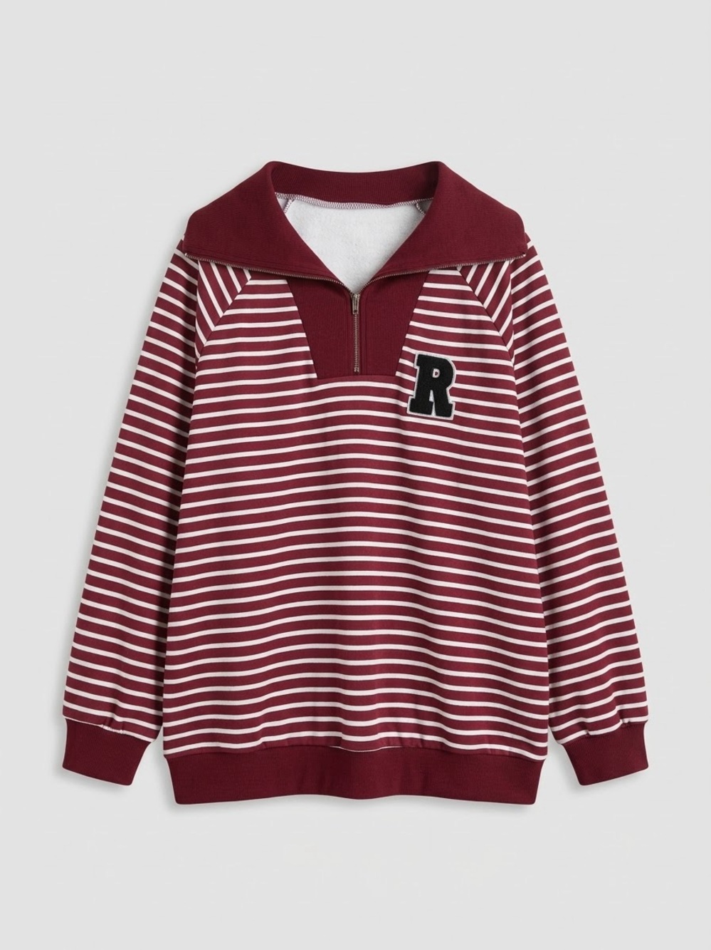 Inawly Burgundy and White Striped Half-Zip Pullover Cottagecore Fall